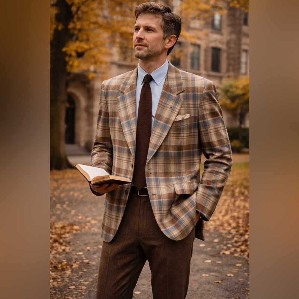 Vintage Bill Blass Plaid Sport Coat 41R Brown Blue Ivy Academia Blazer 1970s